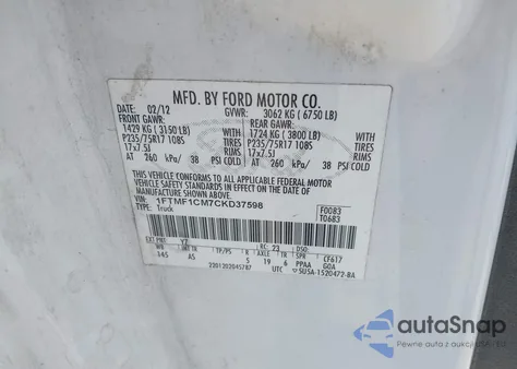 2012 Ford F-150 Xl z USA, uszkodzony, nr VIN 1FTMF1CM7CKD37598